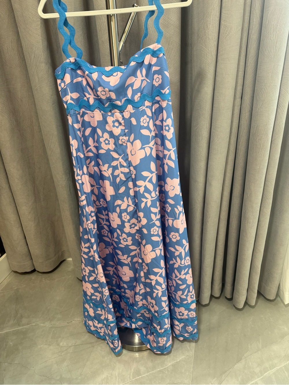 Blue and Pink Floral Maxi Dress with Ruffle Straps - Casual Summer Maxi